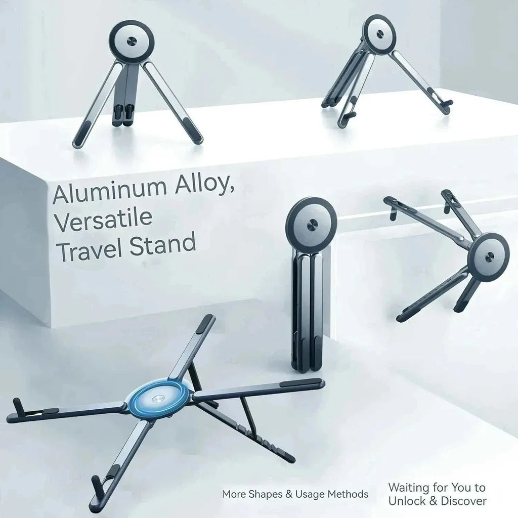 Avenyxo FlexMag 3-in-1 Stand, αναδιπλούμενη μεταλλική βάση smartphone σε μαύρο χρώμα με μαγνητικό κέντρο και τρίποδα.